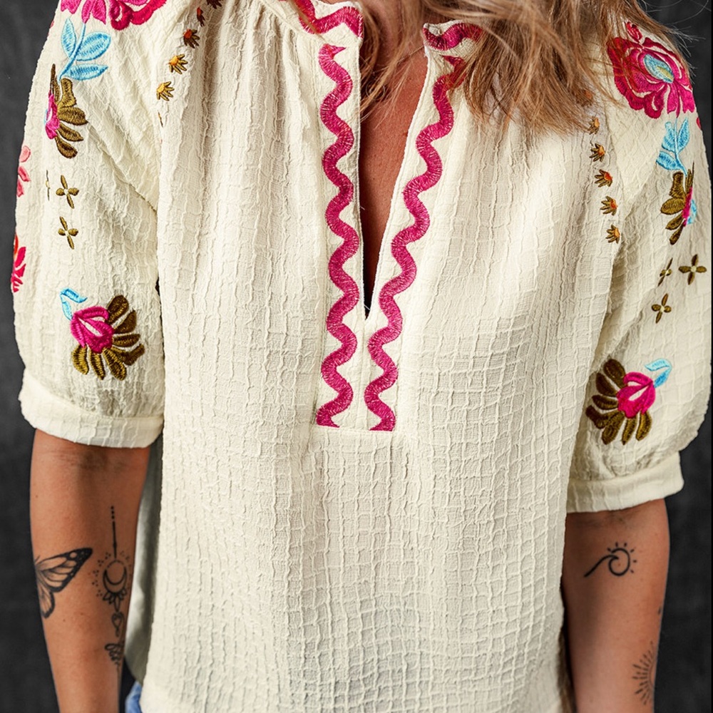 Embroidered Cream Top with Pink Accents